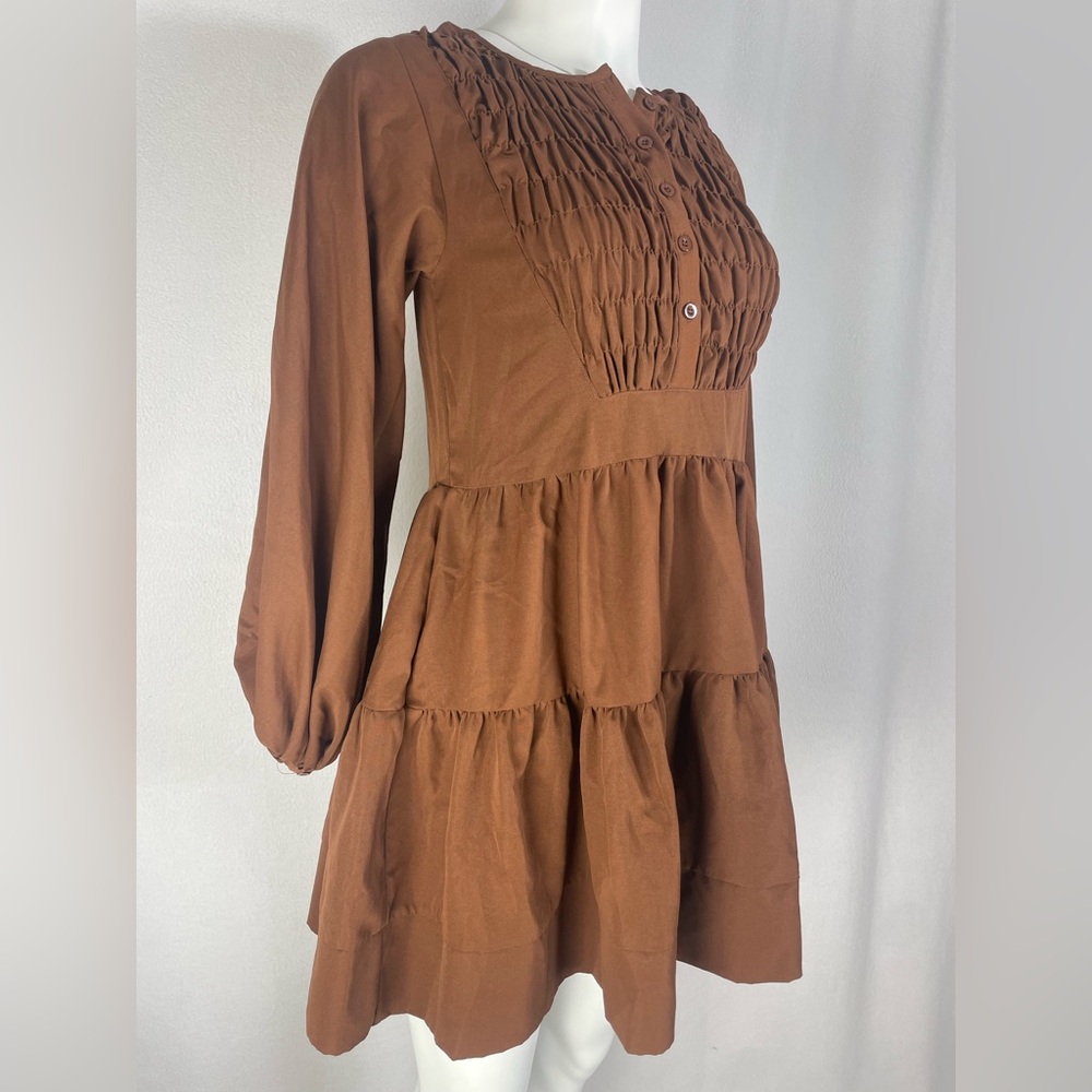 Brown Tiered Long Sleeve Dress
